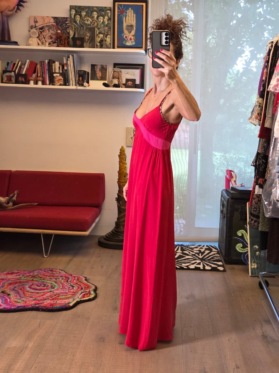 Vestido Largo 100% Seda Rojo Cereza y Fucsia – Escote V | - Nina BAZART