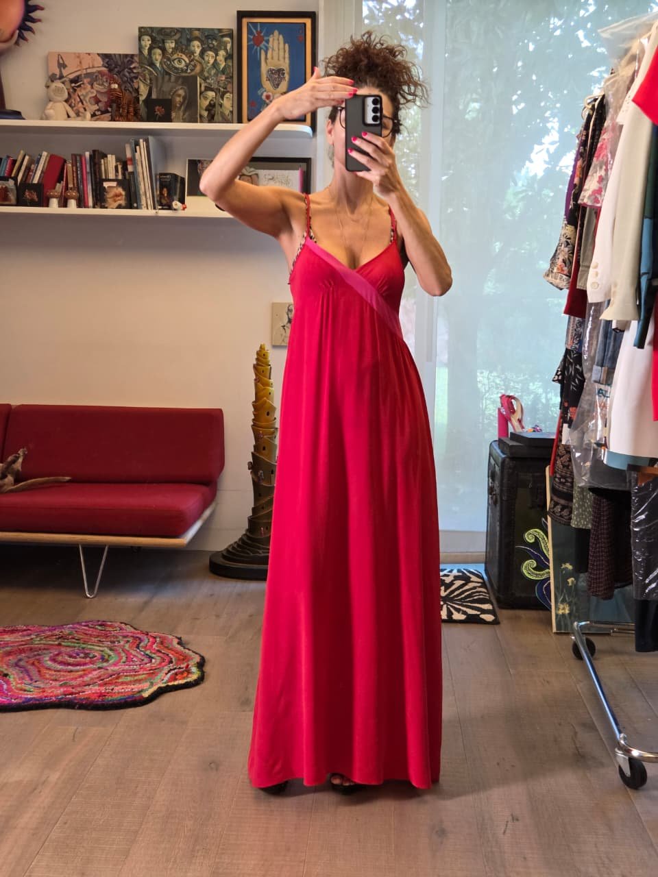 Vestido Largo 100% Seda Rojo Cereza y Fucsia – Escote V | - Nina BAZART
