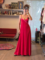 Vestido Largo 100% Seda Rojo Cereza y Fucsia – Escote V | - Nina BAZART
