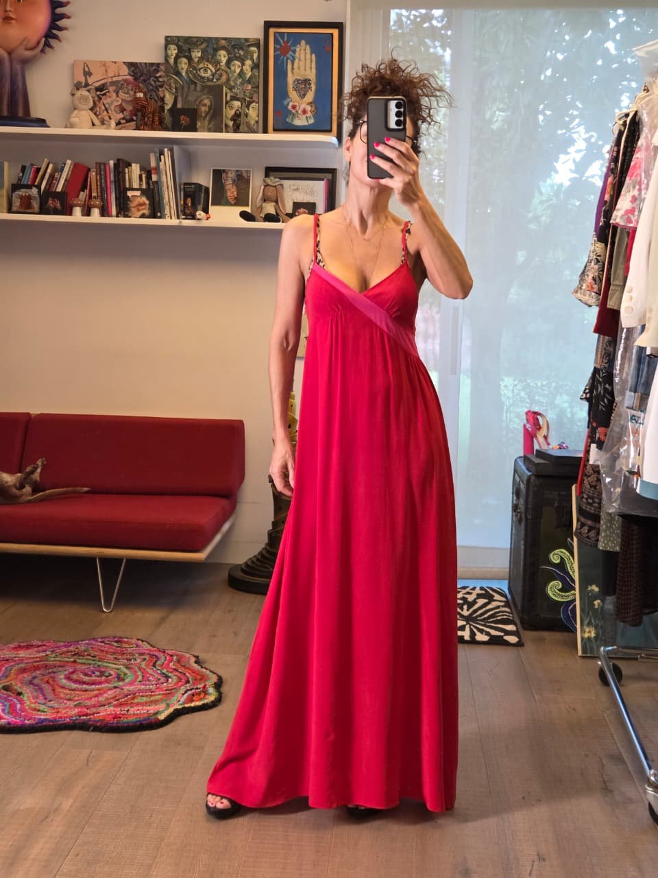 Vestido Largo 100% Seda Rojo Cereza y Fucsia – Escote V | - Nina BAZART