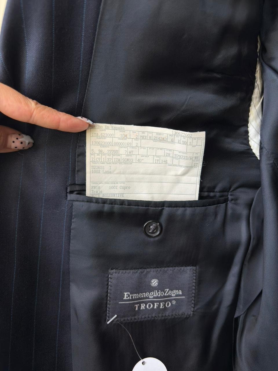 Traje Ermenegildo Zegna Trofeo Azul Marino Raya de Gis 100% Lana | Talla 50R | Hecho en España - Imagen 2