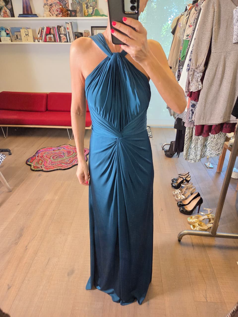 Vestido de Noche TADASHI Azul Petróleo | Elegancia Drapeada - Imagen 3