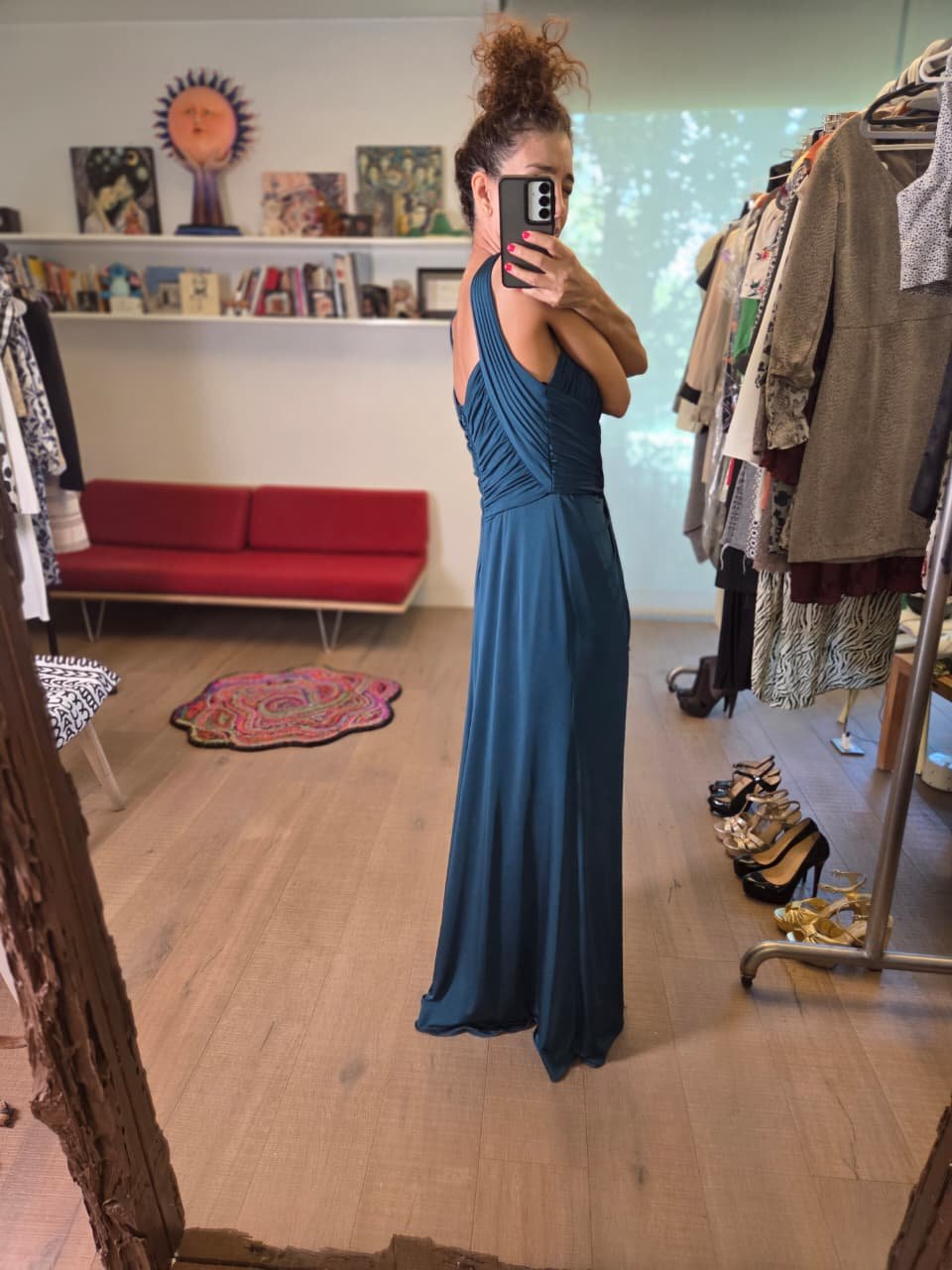 Vestido de Noche TADASHI Azul Petróleo | Elegancia Drapeada - Imagen 2